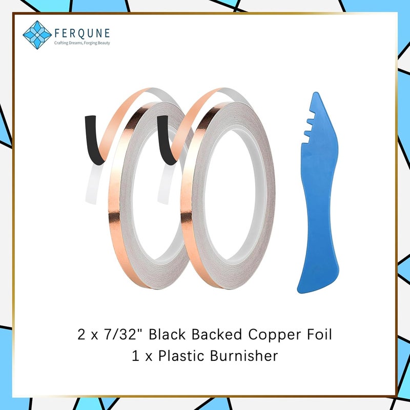 Ferqune 7/32 Inch Black Backed Copper Foil Foil Tape for Stained Glass, 2 Rolls, 1 Burnisher - Image 2